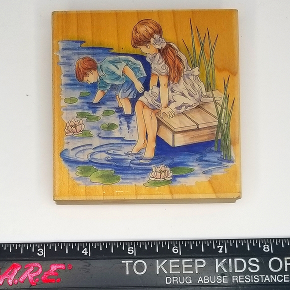 Stamps Happen Vintage "Children at Dock" Wooden Rubber Craft Stamp - Picture 2 of 3